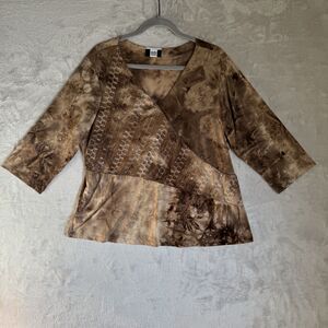 Y2K Fairycore Top XL Watercolor Brown Sequin Boho Vneck Whimsical Vintage